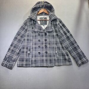 Sebby Women's Gray Plaid Hooded Double Breasted Pea Coat Size 1X